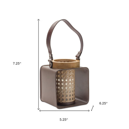 7" Natural And Brown Distressed Lattice Iron And Wood Tabletop Lantern Candle Holder