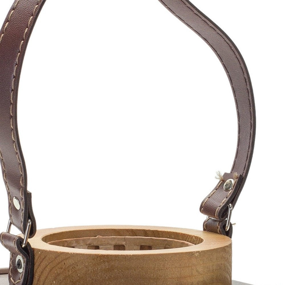 7" Natural And Brown Distressed Lattice Iron And Wood Tabletop Lantern Candle Holder