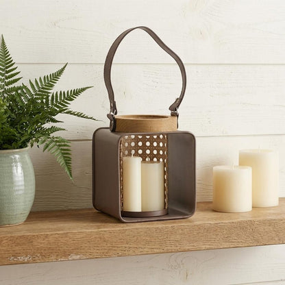 7" Natural And Brown Distressed Lattice Iron And Wood Tabletop Lantern Candle Holder