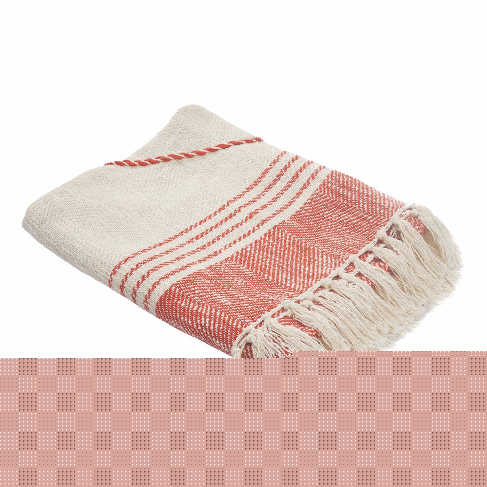 60" X 50" Red Woven Cotton Striped Throw Blanket with Fringe
