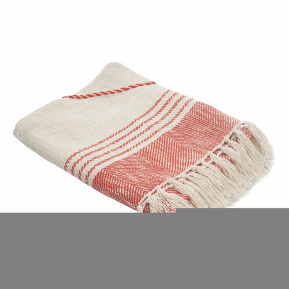 60" X 50" Red Woven Cotton Striped Throw Blanket with Fringe