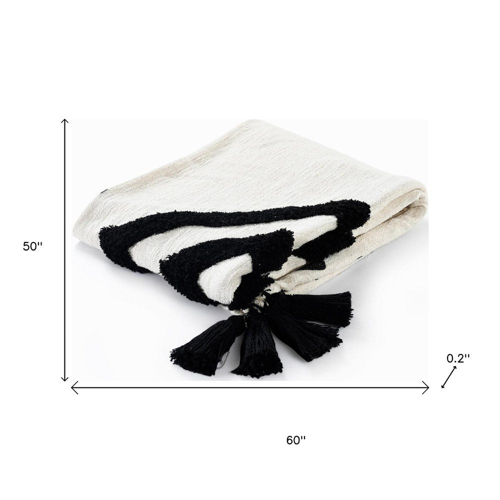 50" X 60" Black and White Woven Cotton Geometric Throw Blanket with Tassels