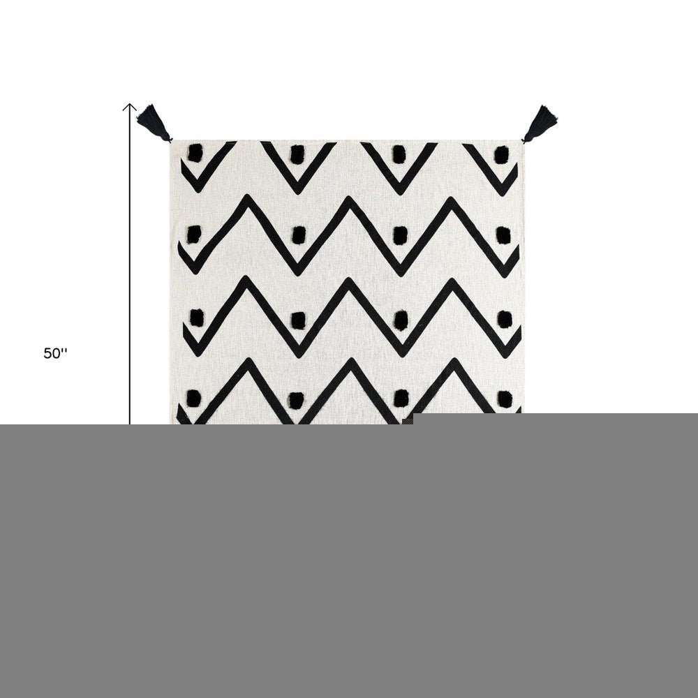50" X 60" Black and White Woven Cotton Chevron Throw Blanket with Tassels