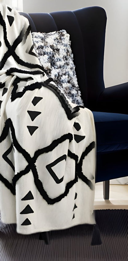 60" X 50" Black and White Woven Cotton Geometric Throw Blanket with Tassels