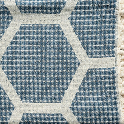 60" X 50" Blue and Off White Woven Cotton Geometric Throw Blanket with Fringe