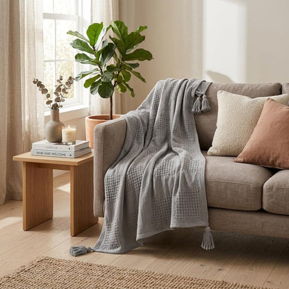 50" X 60" Cream Cotton Woven Throw Blanket with Tassels