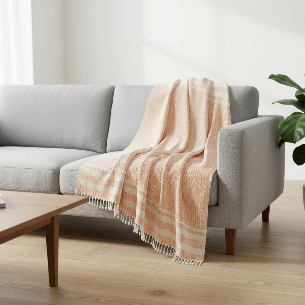 50" X 60" Orange Woven Cotton Striped Throw Blanket with Fringe