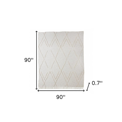 Ivory Geometric King Cotton Coverlet With Fringe