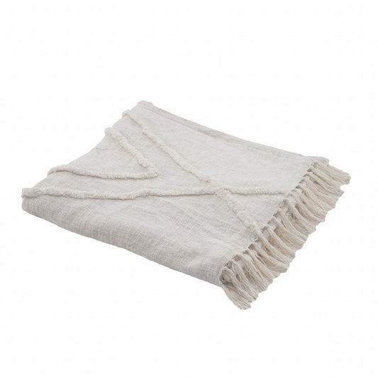 Ivory Geometric King Cotton Coverlet With Fringe