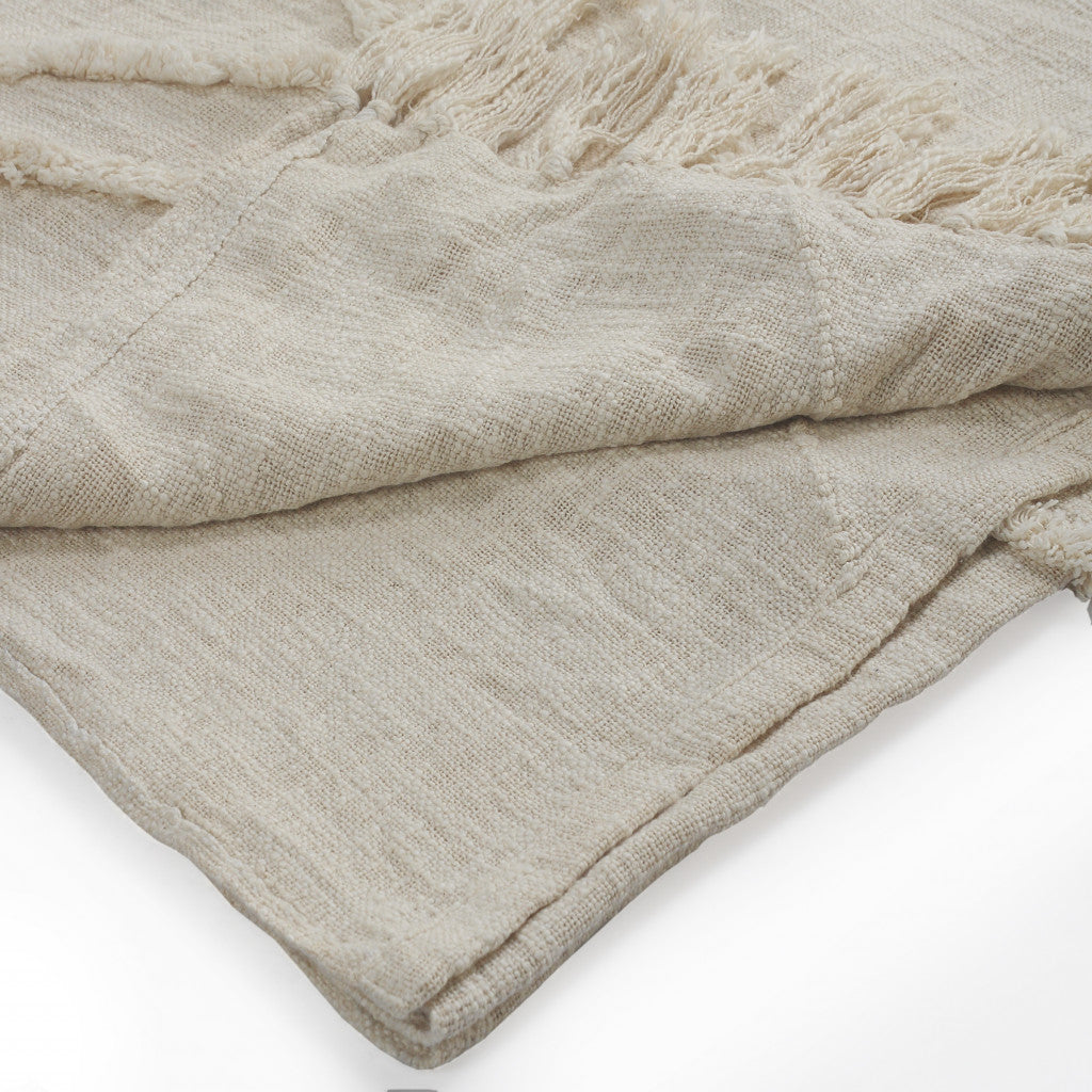 Ivory Geometric King Cotton Coverlet With Fringe