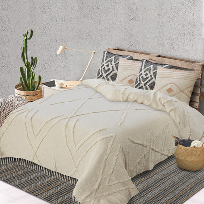 Ivory Geometric King Cotton Coverlet With Fringe