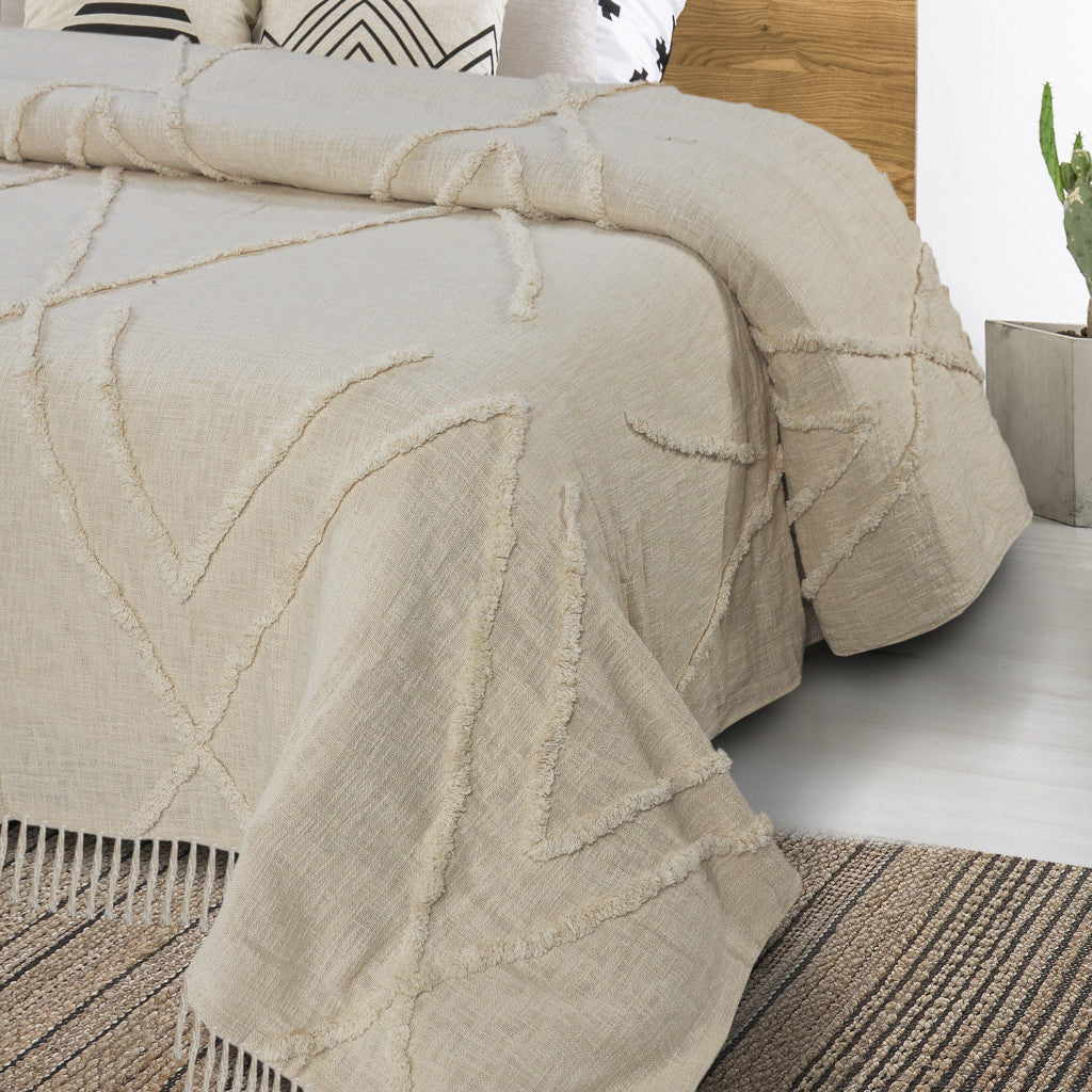 Ivory Geometric King Cotton Coverlet With Fringe