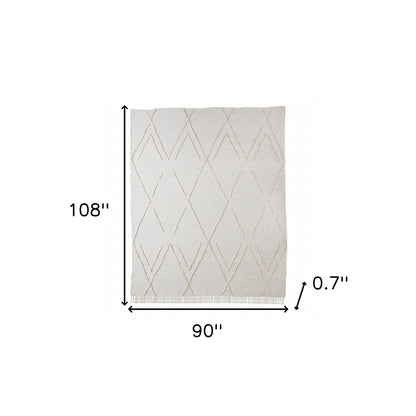 Ivory Geometric King Cotton Coverlet With Fringe