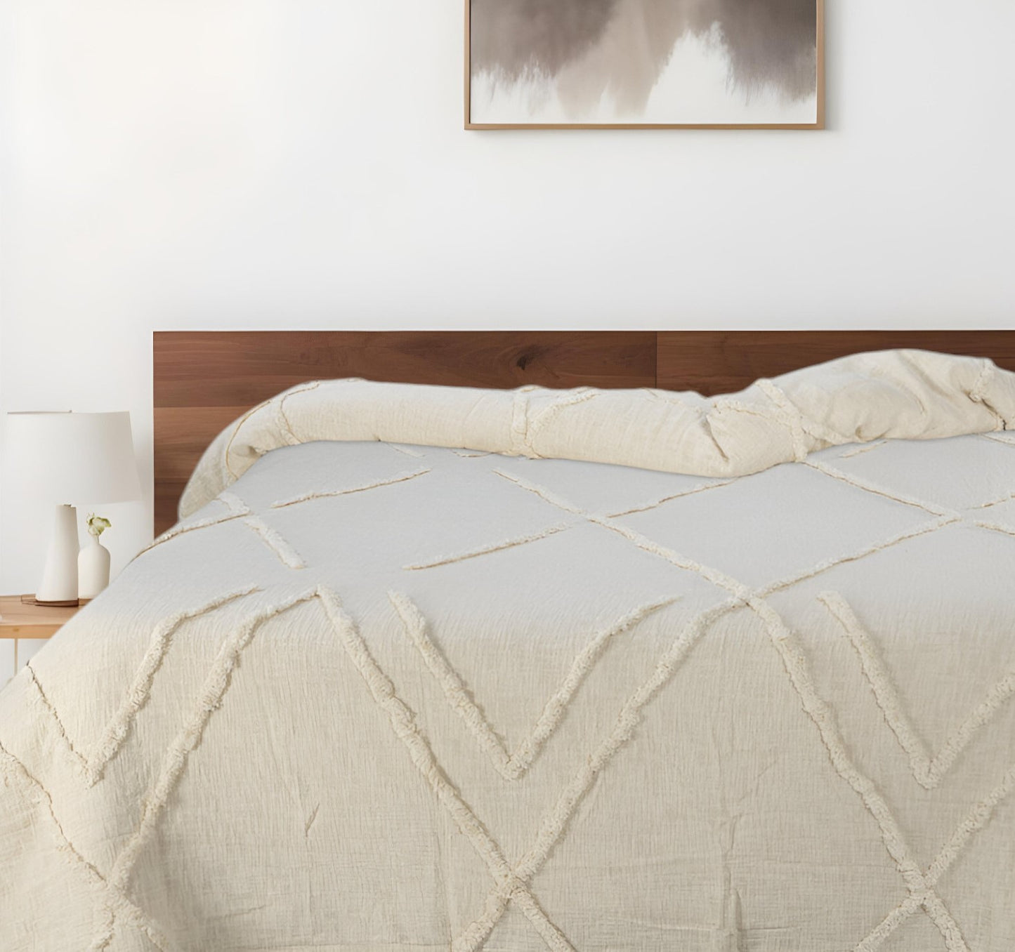 Ivory Geometric King Cotton Coverlet With Fringe