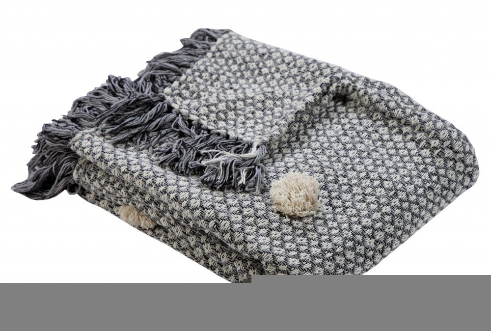 50" X 60" Gray Woven Cotton Houndstooth Throw Blanket with Pom Poms