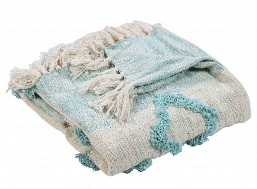 50" X 60" Aqua And Off White Cotton Woven Geometric Throw Blanket with Fringe