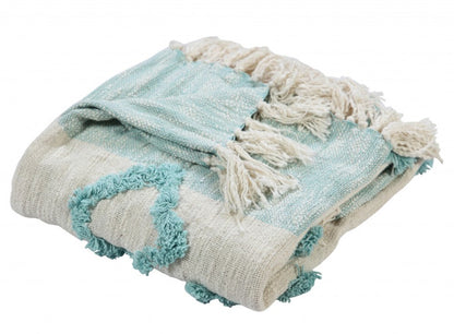 50" X 60" Aqua And Off White Cotton Woven Geometric Throw Blanket with Fringe