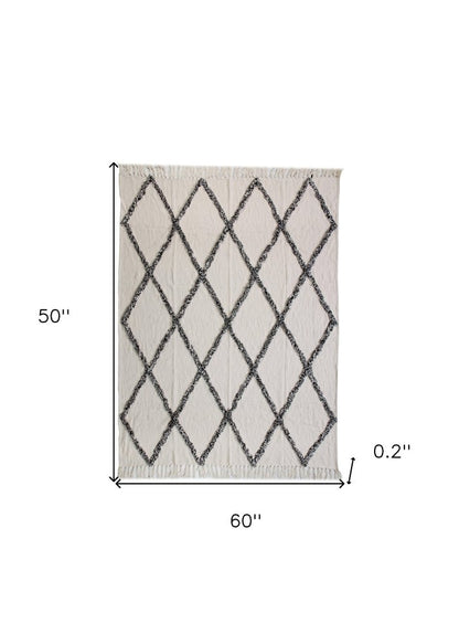 60" X 50" Cream Woven Cotton Geometric Throw Blanket with Fringe