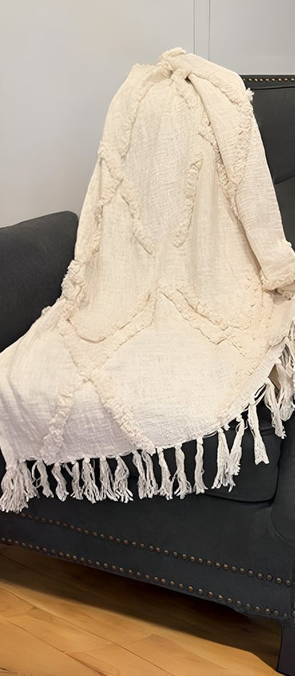 60" X 50" Beige Woven Cotton Geometric Throw Blanket with Fringe