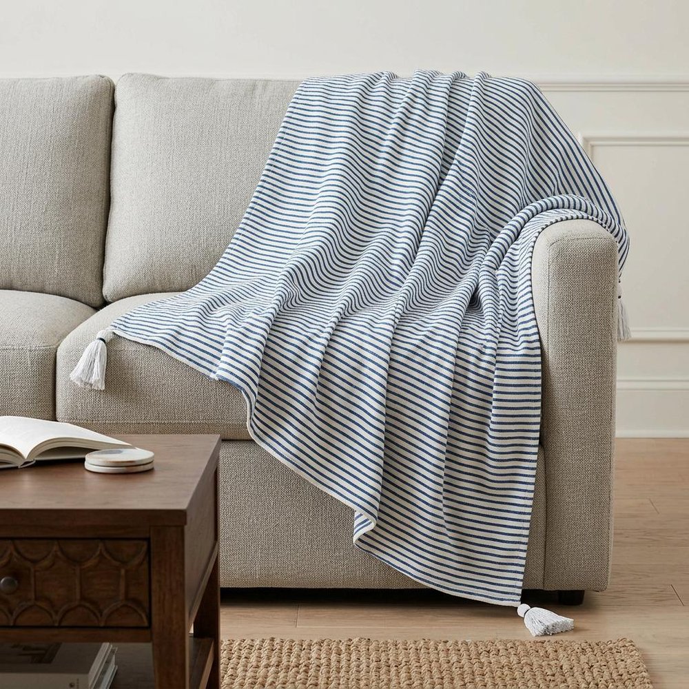 50" X 60" Blue and White Woven Cotton Striped Throw Blanket with Tassels