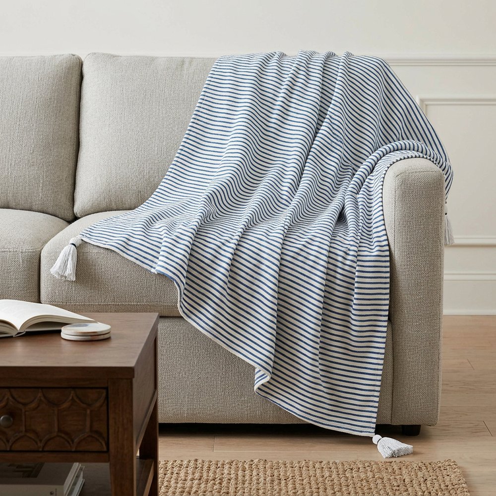 50" X 60" Blue and White Woven Cotton Striped Throw Blanket with Tassels