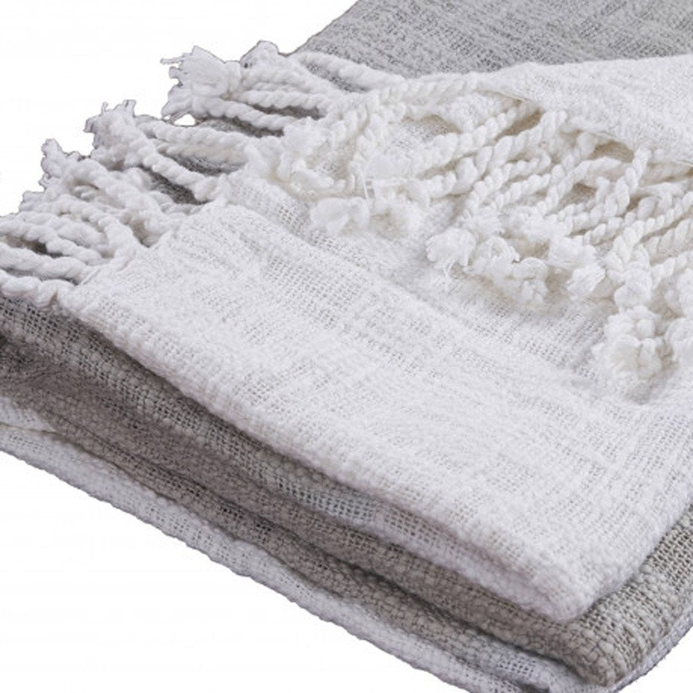50" X 60" Gray and White Woven Cotton Ombre Throw Blanket with Fringe
