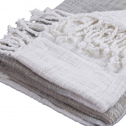 50" X 60" Gray and White Woven Cotton Ombre Throw Blanket with Fringe