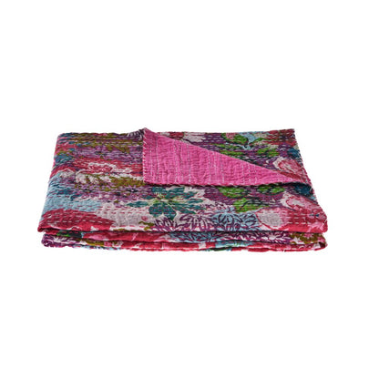 70" X 50" Purple Floral Cotton Quilted Kantha Throw Blanket with Embroidery