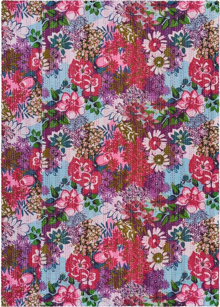 70" X 50" Purple Floral Cotton Quilted Kantha Throw Blanket with Embroidery