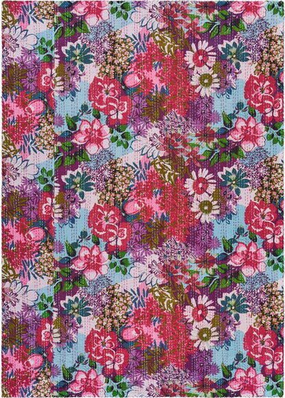 70" X 50" Purple Floral Cotton Quilted Kantha Throw Blanket with Embroidery
