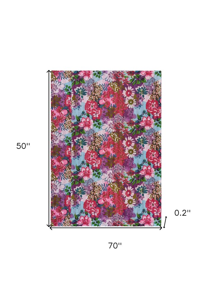 70" X 50" Purple Floral Cotton Quilted Kantha Throw Blanket with Embroidery