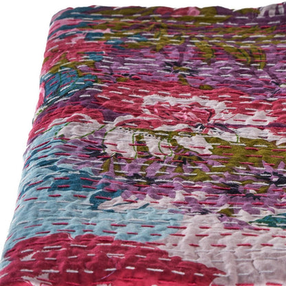 70" X 50" Purple Floral Cotton Quilted Kantha Throw Blanket with Embroidery