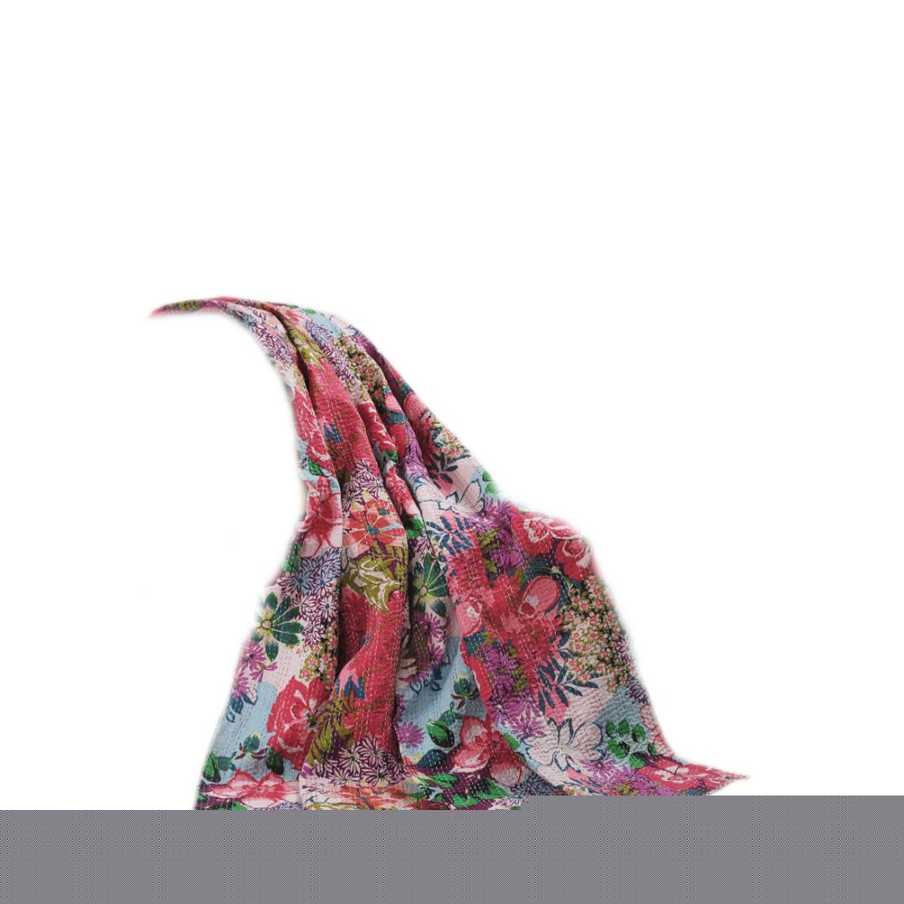 70" X 50" Purple Floral Cotton Quilted Kantha Throw Blanket with Embroidery