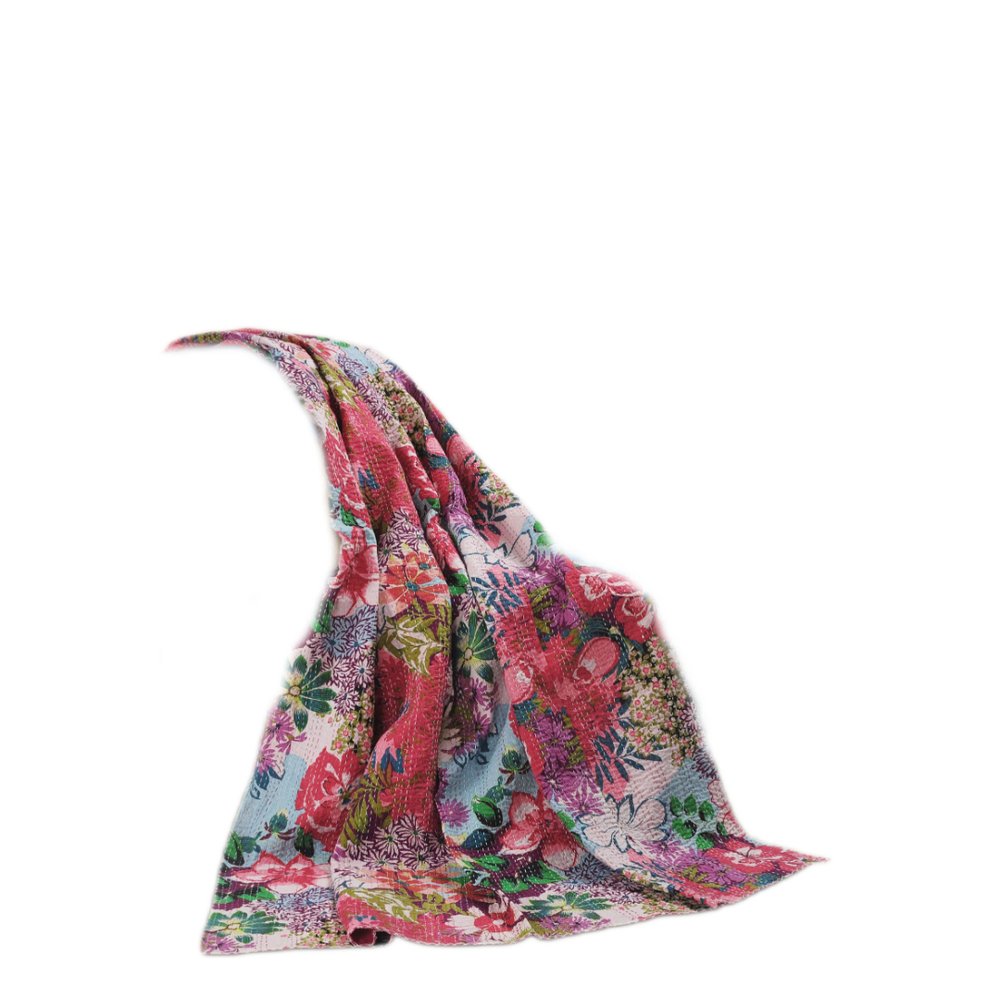 70" X 50" Purple Floral Cotton Quilted Kantha Throw Blanket with Embroidery