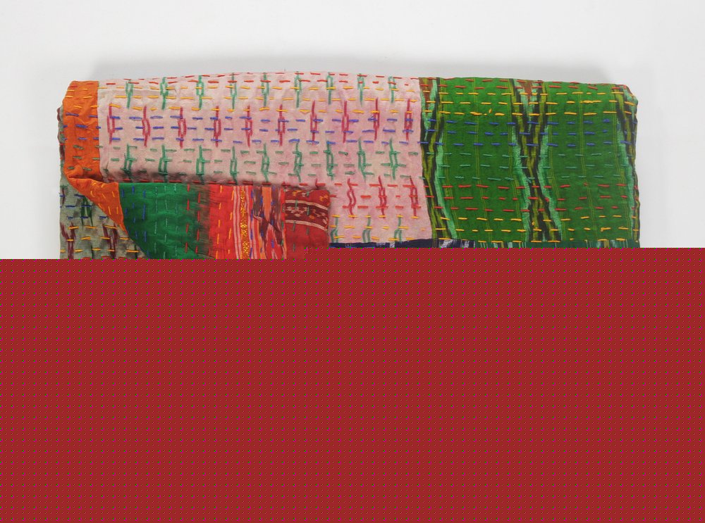 70" X 50" Blue and Green Kantha Silk Patchwork Throw Blanket with Embroidery