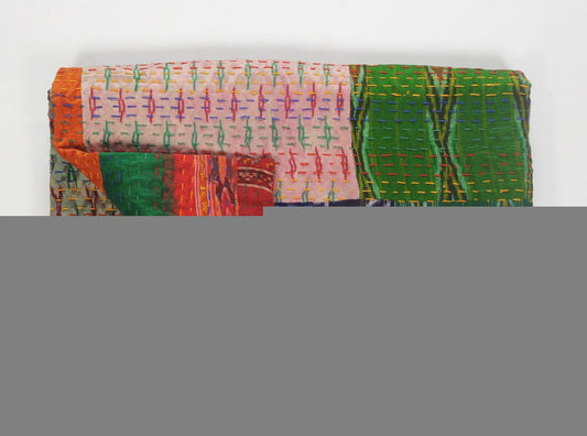 70" X 50" Blue and Green Kantha Silk Patchwork Throw Blanket with Embroidery