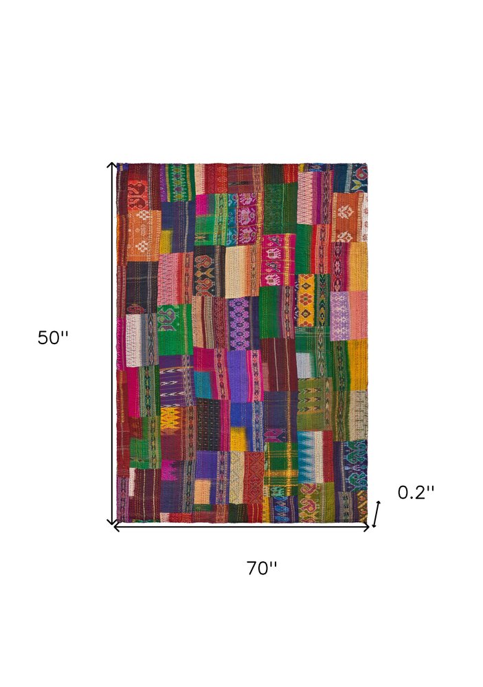 70" X 50" Blue and Green Kantha Silk Patchwork Throw Blanket with Embroidery