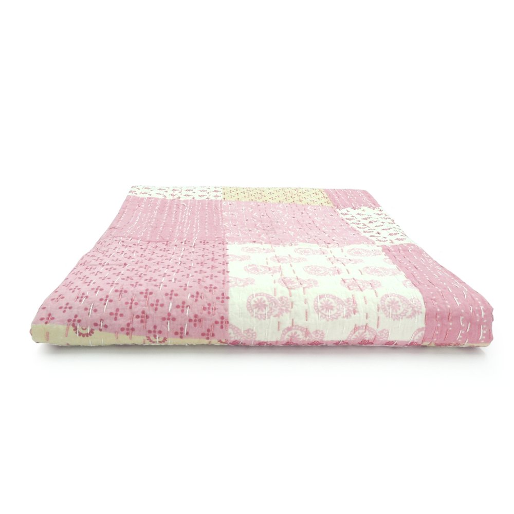 70" X 50" Blue Kantha Silk Patchwork Throw Blanket with Embroidery