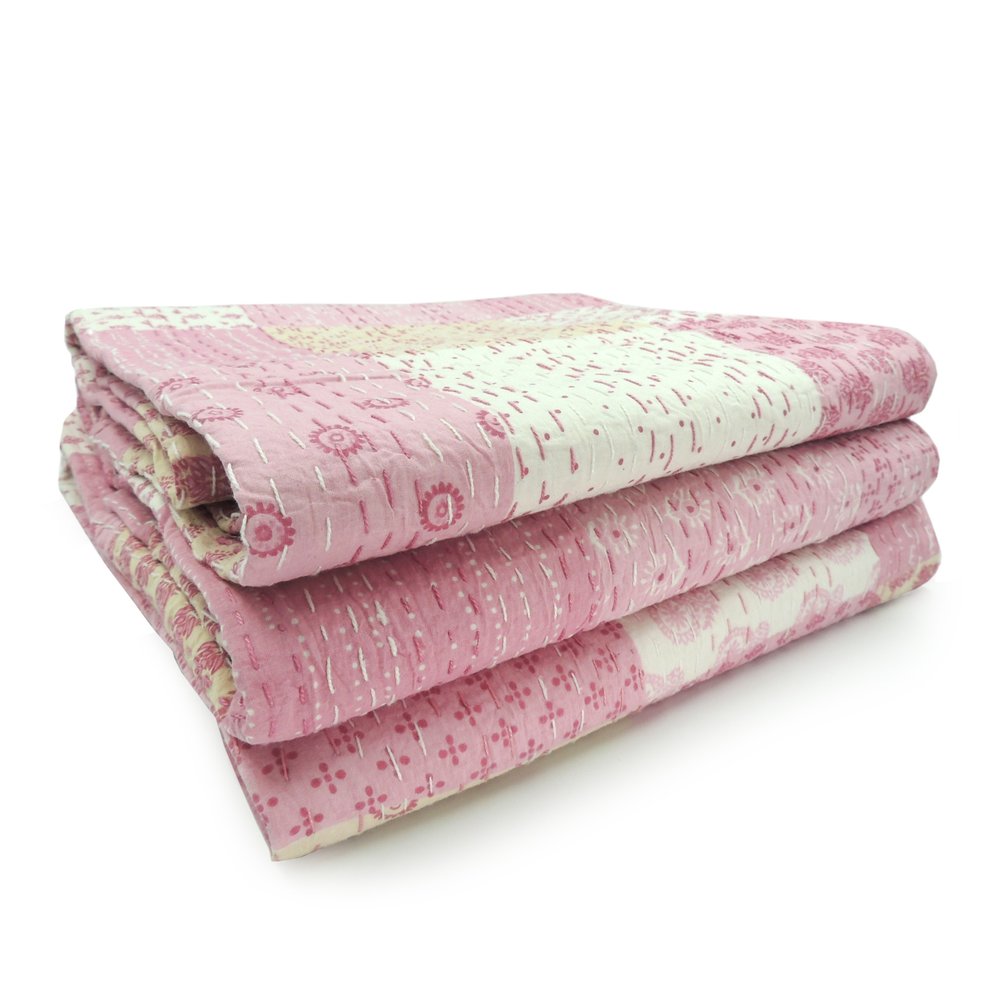70" X 50" Blue Kantha Silk Patchwork Throw Blanket with Embroidery
