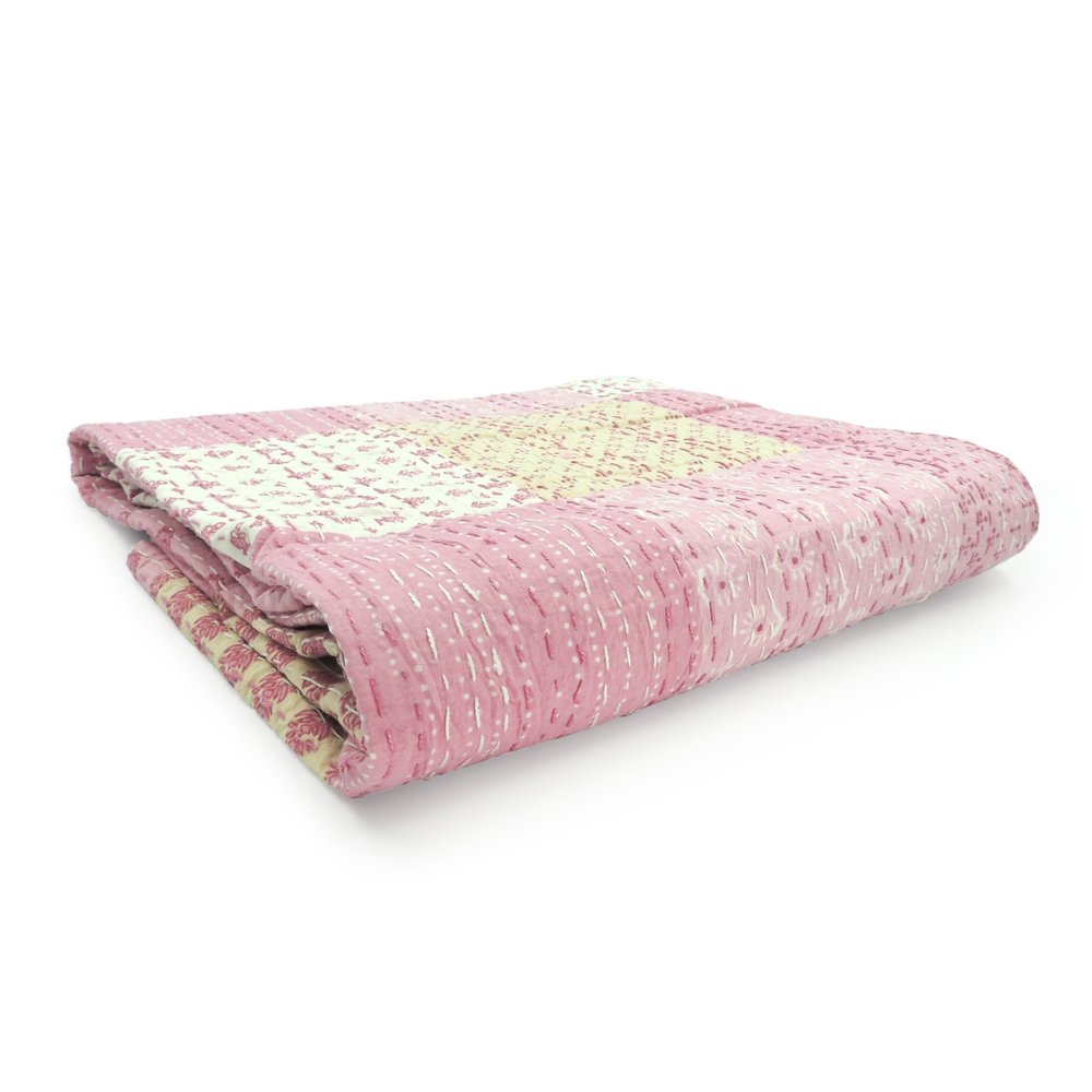 70" X 50" Blue Kantha Silk Patchwork Throw Blanket with Embroidery