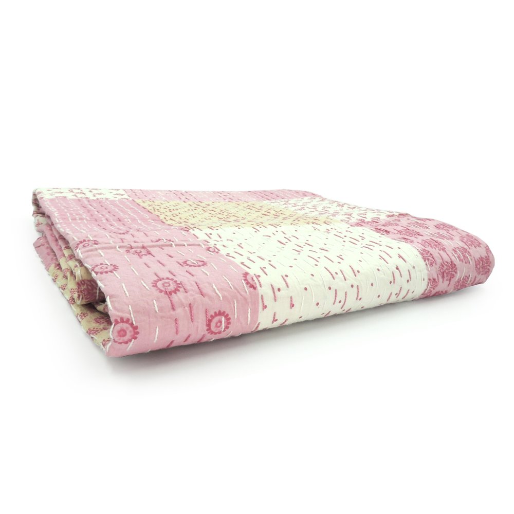70" X 50" Blue Kantha Silk Patchwork Throw Blanket with Embroidery