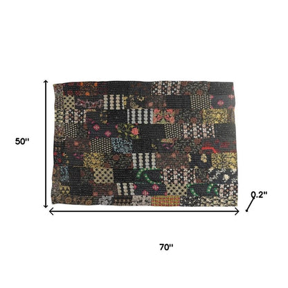 70" X 50" Black Kantha Cotton Patchwork Throw Blanket with Embroidery