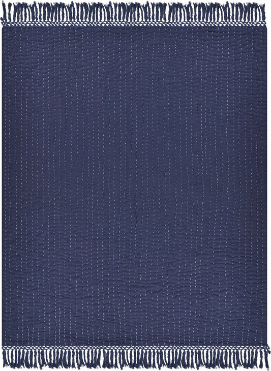 60" X 50" Blue Kantha Cotton Throw Blanket with Embroidery