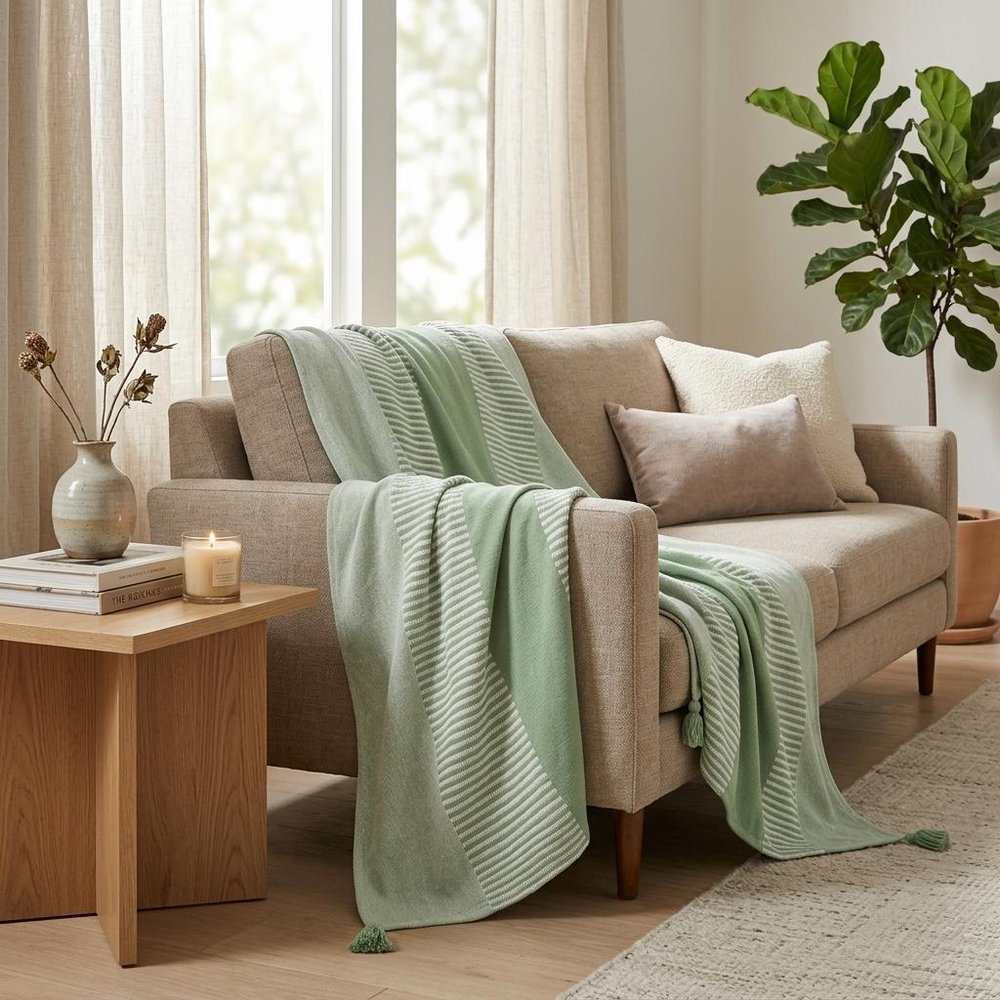 50" X 60" Blue Woven Cotton Striped Throw Blanket with Tassels