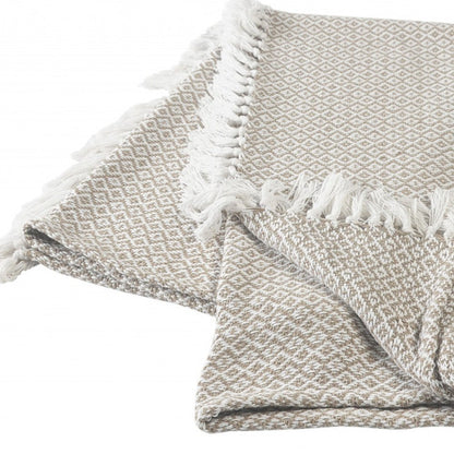 50" X 60" Tan Woven Cotton Geometric Throw Blanket with Fringe