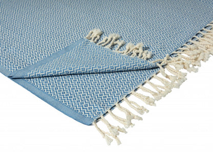 50" X 60" Blue and White Woven Cotton Geometric Throw Blanket with Fringe