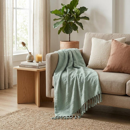 Red Woven Cotton Striped Throw Blanket