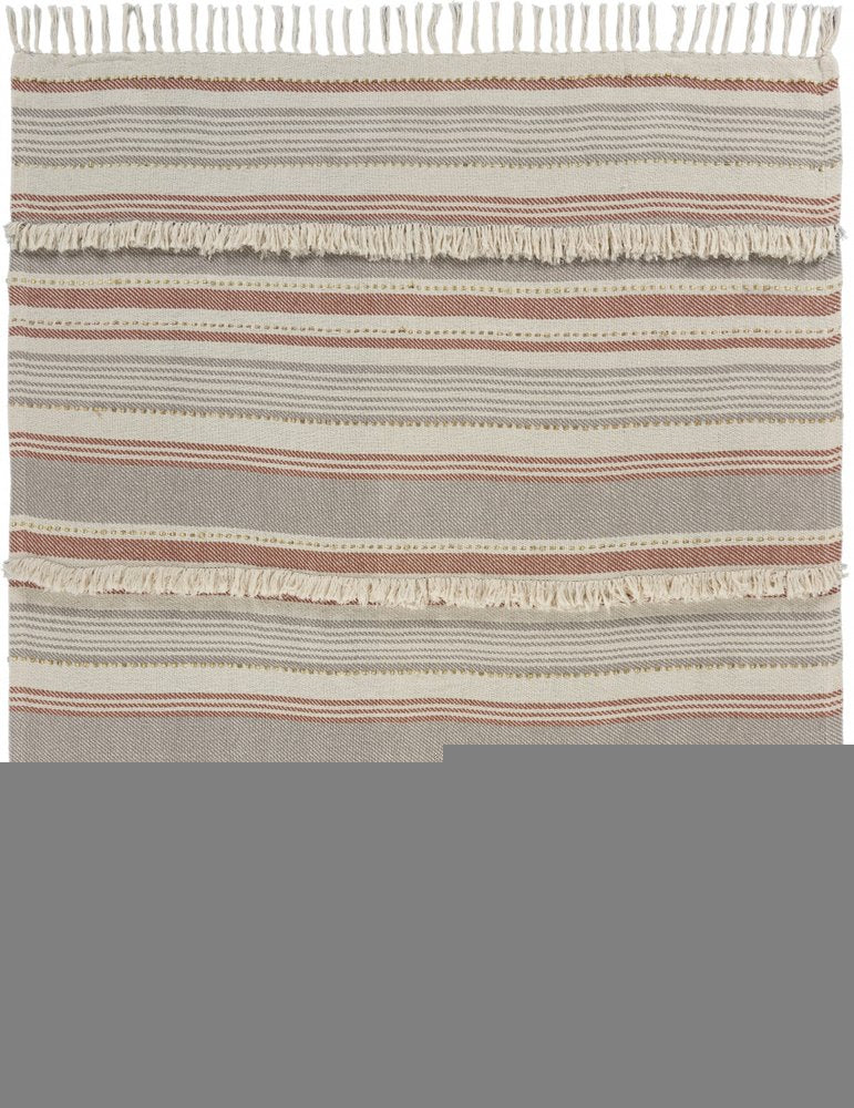 60" X 50" Beige Woven Cotton Striped Throw Blanket with Fringe