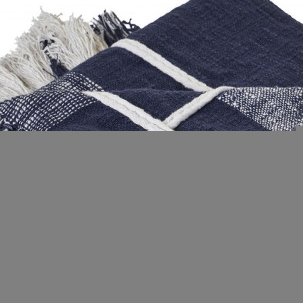 50" X 60" Blue and White Woven Cotton Checkered Throw Blanket with Tassels