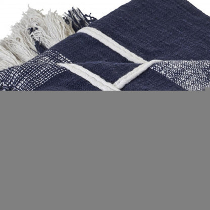 50" X 60" Blue and White Woven Cotton Checkered Throw Blanket with Tassels